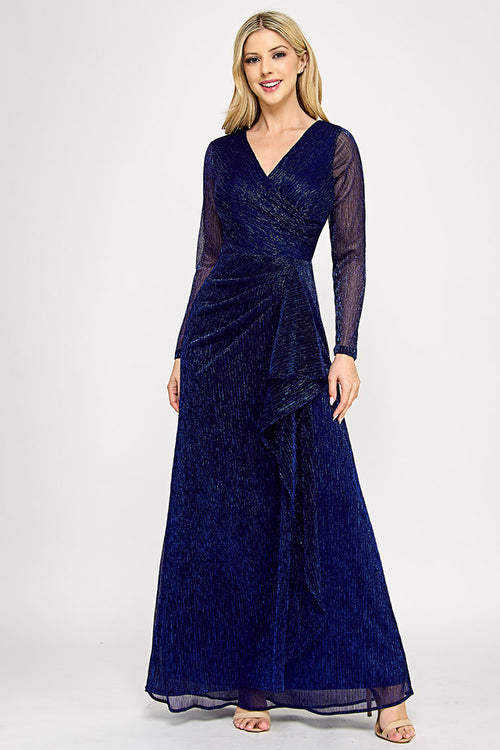 Glitter Mesh Long Sleeve V-Neck Evening Gown with Draped Waist Detail By Lenovia 5324