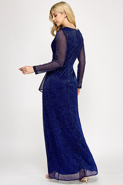 Glitter Mesh Long Sleeve V-Neck Evening Gown with Draped Waist Detail By Lenovia 5324