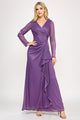 Glitter Mesh Long Sleeve V-Neck Evening Gown with Draped Waist Detail By Lenovia 5324
