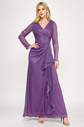 Glitter Mesh Long Sleeve V-Neck Evening Gown with Draped Waist Detail By Lenovia 5324