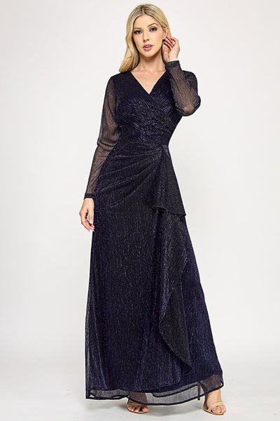 Glitter Mesh Long Sleeve V-Neck Evening Gown with Draped Waist Detail By Lenovia 5324