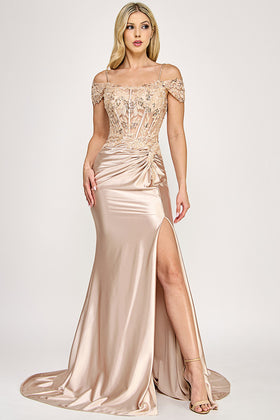 Clearance Champagne Size M Off-Shoulder Beaded Corset Satin Gown with High Slit By Lenovia 8348