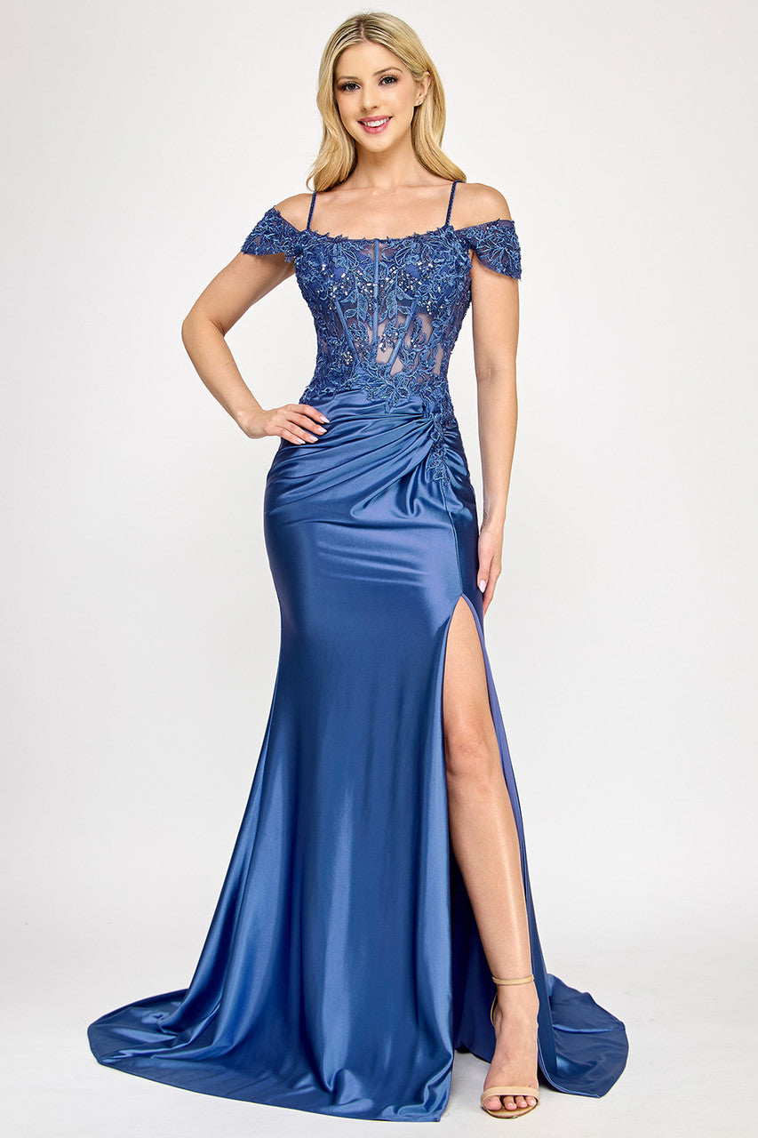 Clearance Champagne Size M Off-Shoulder Beaded Corset Satin Gown with High Slit By Lenovia 8348
