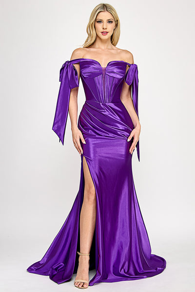 Satin Off-Shoulder Corset Gown with Bow Sleeves and High Slit By Lenovia 8401