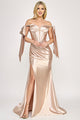Satin Off-Shoulder Corset Gown with Bow Sleeves and High Slit By Lenovia 8401