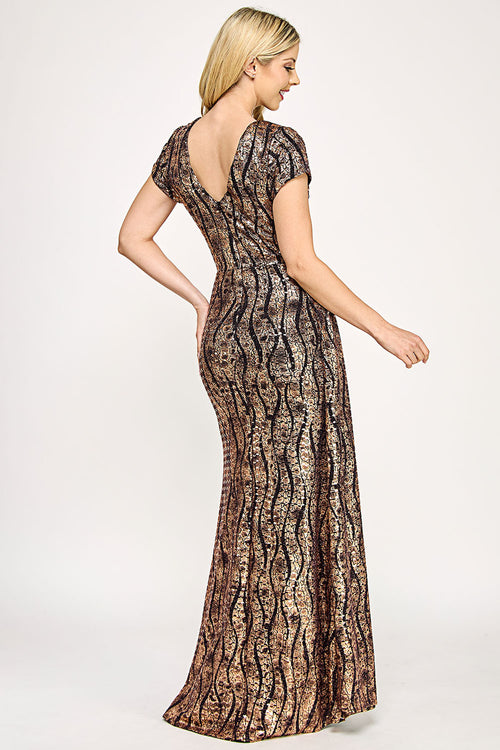 Sequin Glitter V-Neck Short Sleeve Gown with Front Slit and Low Back By Lenovia 5331