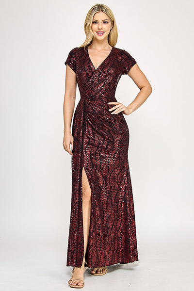 Sequin Glitter V-Neck Short Sleeve Gown with Front Slit and Low Back By Lenovia 5331