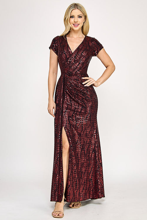 Sequin Glitter V-Neck Short Sleeve Gown with Front Slit and Low Back By Lenovia 5331