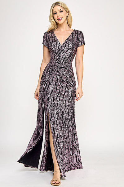 Sequin Glitter V-Neck Short Sleeve Gown with Front Slit and Low Back By Lenovia 5331