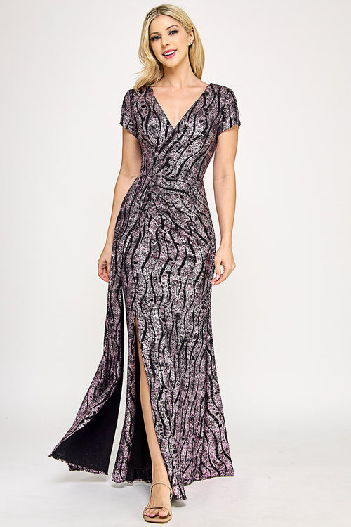 Sequin Glitter V-Neck Short Sleeve Gown with Front Slit and Low Back By Lenovia 5331