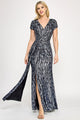 Sequin Glitter V-Neck Short Sleeve Gown with Front Slit and Low Back By Lenovia 5331