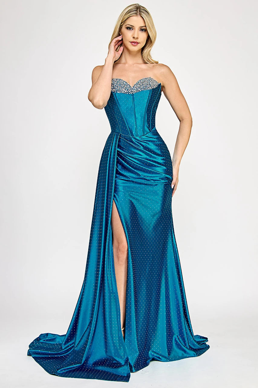 Strapless Corset Gown with Crystal Sweetheart Neckline and High Slit By Lenovia 8402