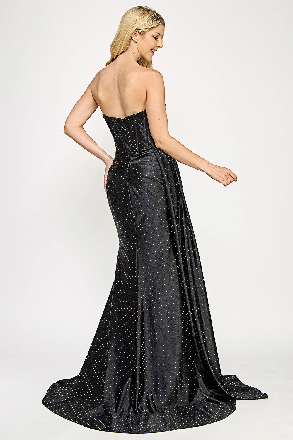 Strapless Corset Gown with Crystal Sweetheart Neckline and High Slit By Lenovia 8402