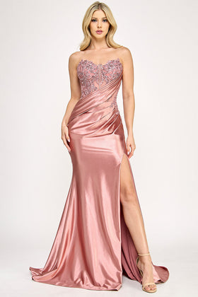 Lenovia 8396 Strapless Applique Beaded Sateen Dress with Fitted Slit Skirt