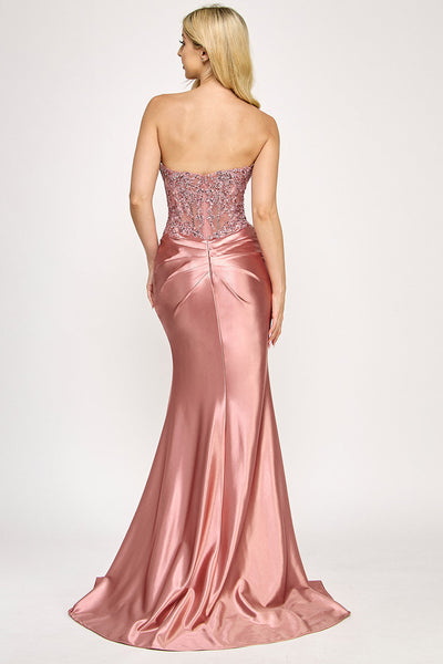 Lenovia 8396 Strapless Applique Beaded Sateen Dress with Fitted Slit Skirt