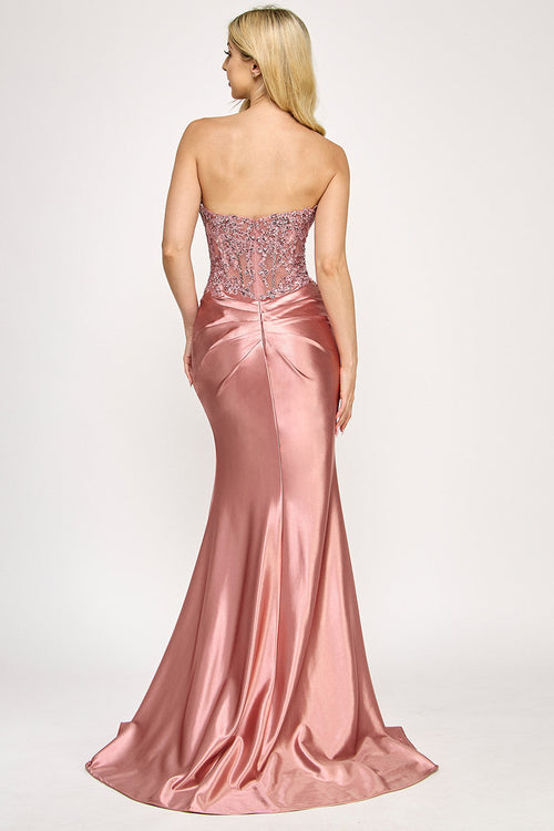 Lenovia 8396 Strapless Applique Beaded Sateen Dress with Fitted Slit Skirt