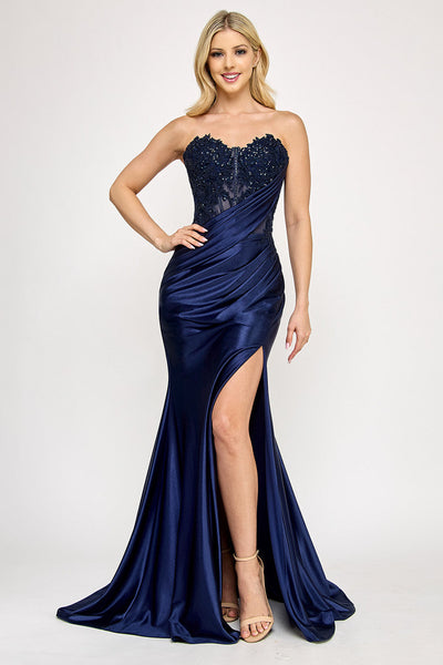 Lenovia 8396 Strapless Applique Beaded Sateen Dress with Fitted Slit Skirt