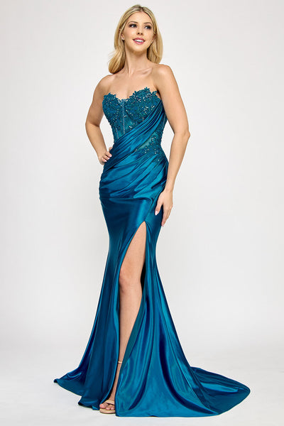 Lenovia 8396 Strapless Applique Beaded Sateen Dress with Fitted Slit Skirt