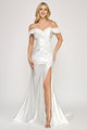 Ivory Off-Shoulder Satin Wedding Gown with Embellished Bodice and Thigh-High Slit By Lenovia 8353