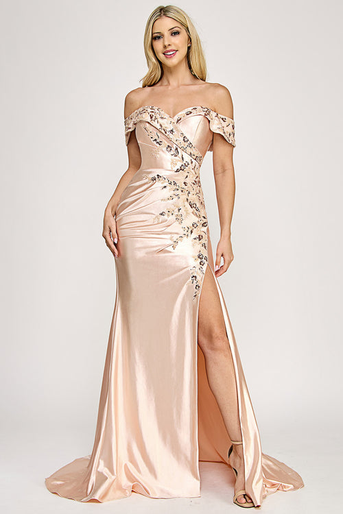 Off-Shoulder Satin Mermaid Gown with Embroidered Bodice and Front Slit By Lenovia 8353