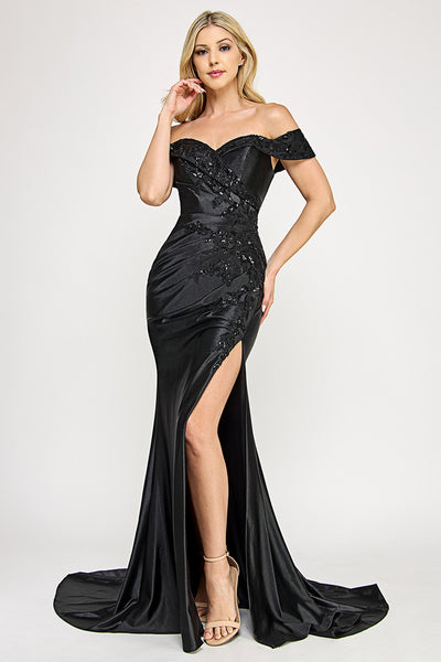 Off-Shoulder Satin Mermaid Gown with Embroidered Bodice and Front Slit By Lenovia 8353