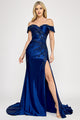 Off-Shoulder Satin Mermaid Gown with Embroidered Bodice and Front Slit By Lenovia 8353