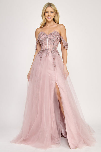 Lenovia 8399 Embroidered Mesh Strapless Off-Shoulder A-line Dress