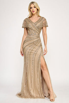 Lenovia 8371 Beaded Mesh Short Sleeve Formal Dress with Slit