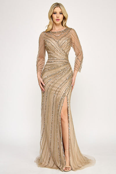 Lenovia 8383 Beaded Illusion Long Sleeve Mesh Mother of Groom Dress