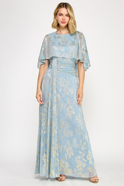 Lenovia 5330 Metallic Floral Foil Poncho Cape Bonded Dress with Fitted Skirt