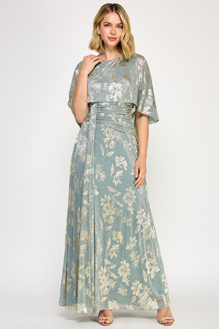 poncho evening dress Metallic Floral Foil Poncho Cape Dress Bonded Material 5330 by Lenovia M / Sage