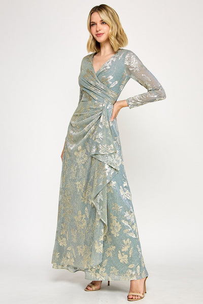 Lenovia 5333 Foil Floral Wrap Bonded Dress with Sheer Sleeves
