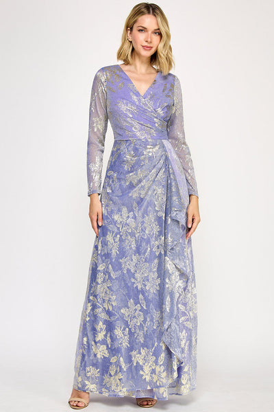 Lenovia 5333 Foil Floral Wrap Bonded Dress with Sheer Sleeves