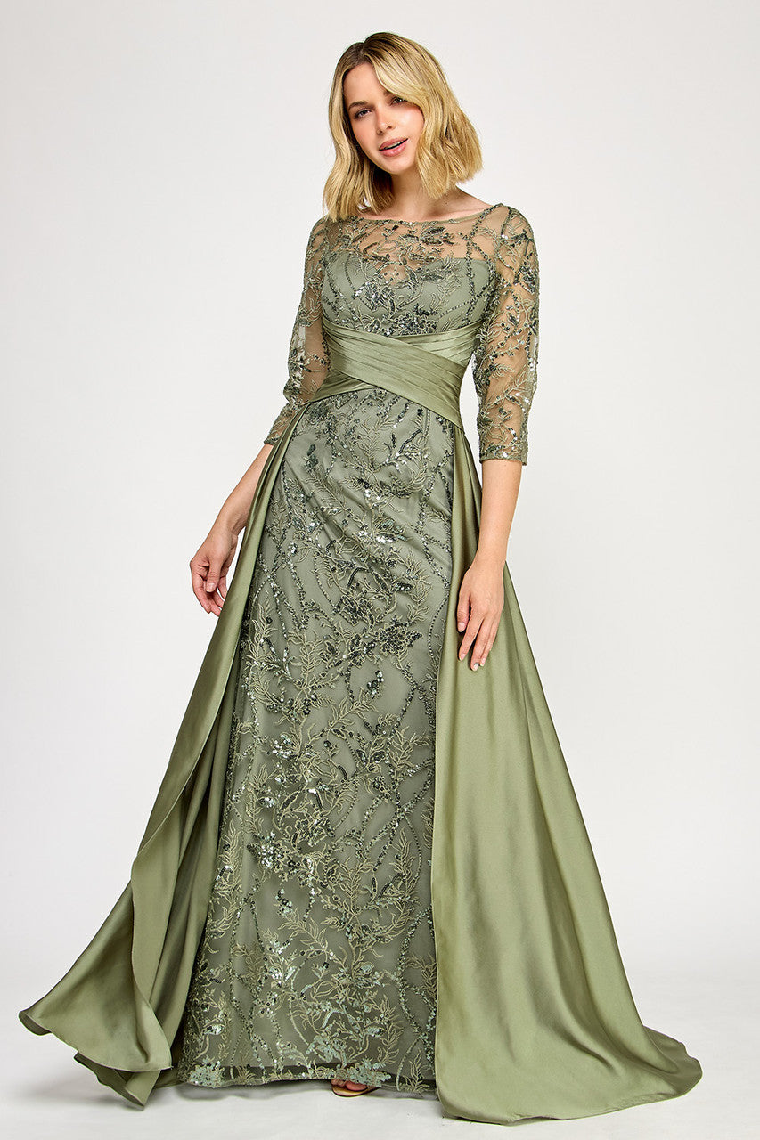 Embroidered Sateen Sequin Dress with 3/4 Sleeves 8355 by Lenovia