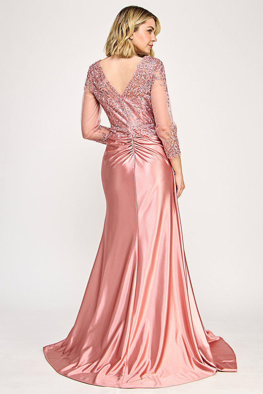 Long Sleeve Lace Wedding Dress with V-Neck Satin Skirt & Side Slit Bridal Gown by Lenovia 8366