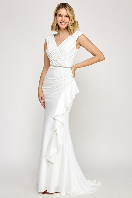 Lenovia 8374 Ruffled Short Sleeve Stretch Evening Dress
