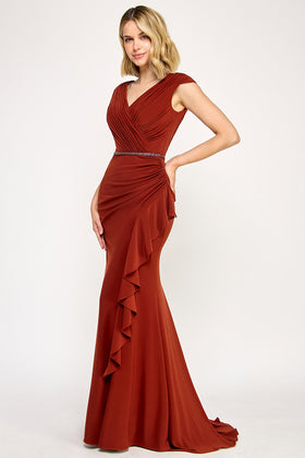 Lenovia 8374 Ruffled Short Sleeve Stretch Evening Dress