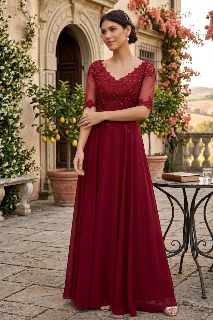 Vestido de gasa con apliques y mangas cortas de Elizabeth K GL1982