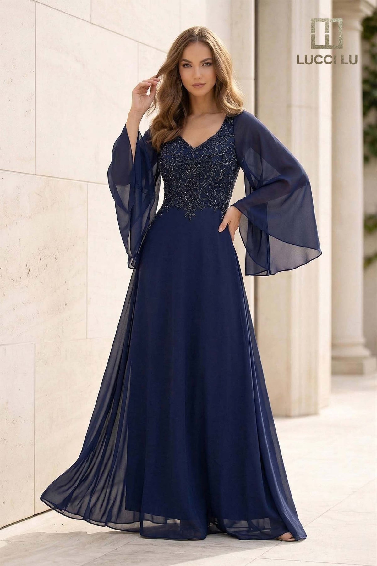 Clearance Navy Size 10W Beaded Chiffon A-Line Evening Gown with Cape Sleeves by Lucci Lu 6047W