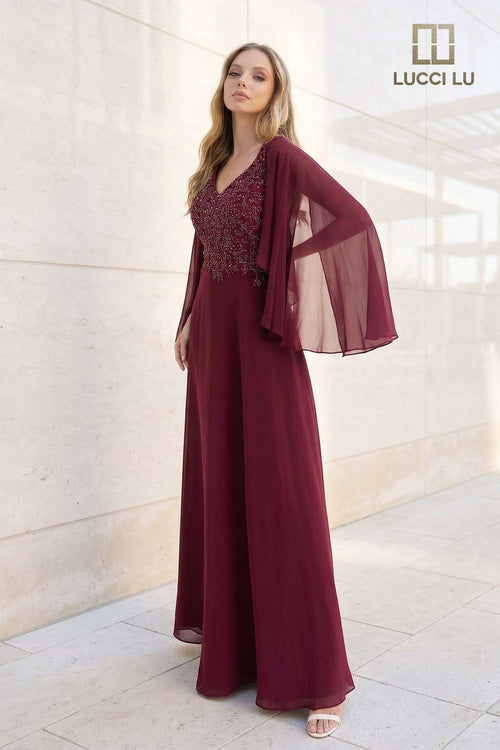 Clearance Navy Size 10W Beaded Chiffon A-Line Evening Gown with Cape Sleeves by Lucci Lu 6047W