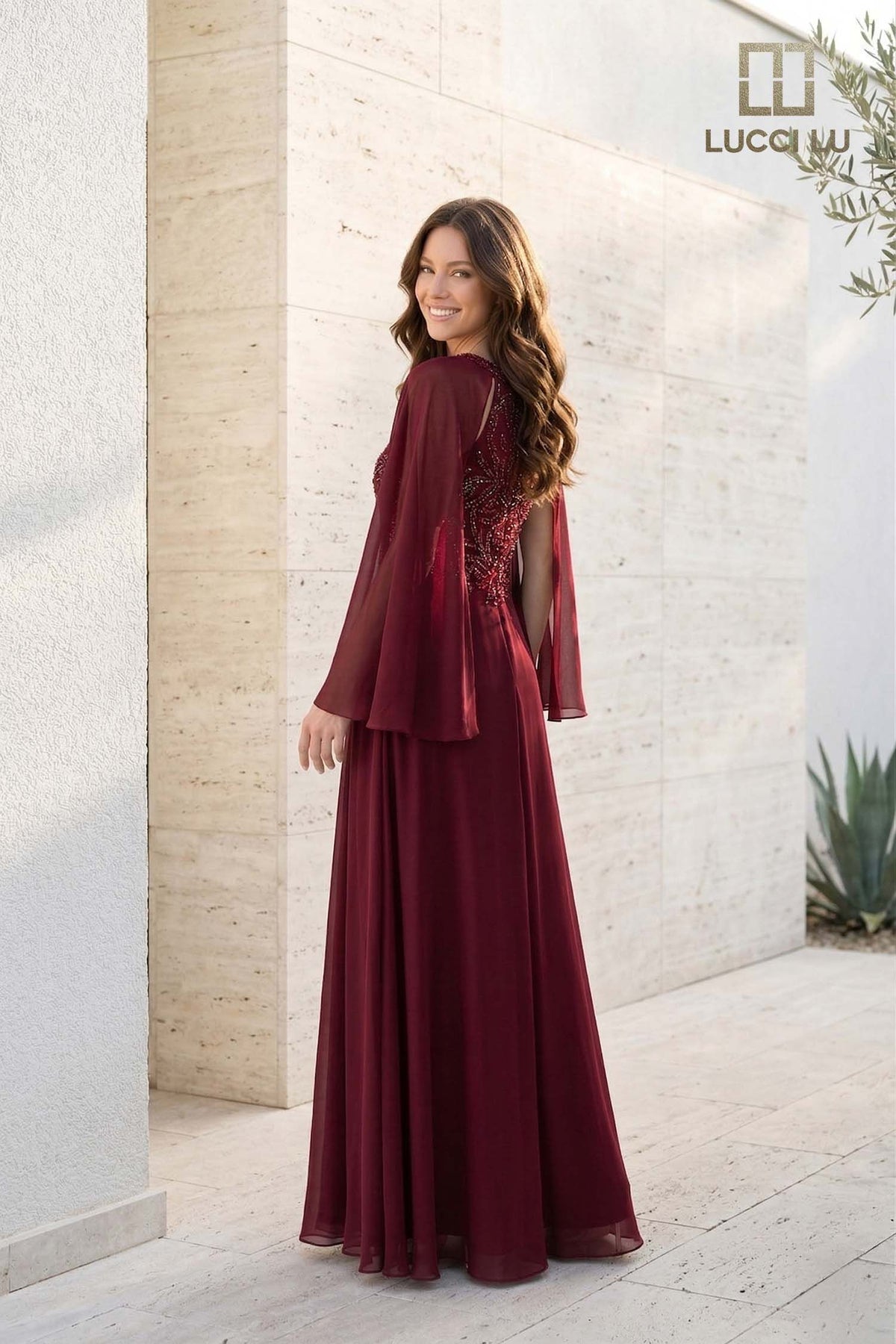 Clearance Navy Size 10W Beaded Chiffon A-Line Evening Gown with Cape Sleeves by Lucci Lu 6047W