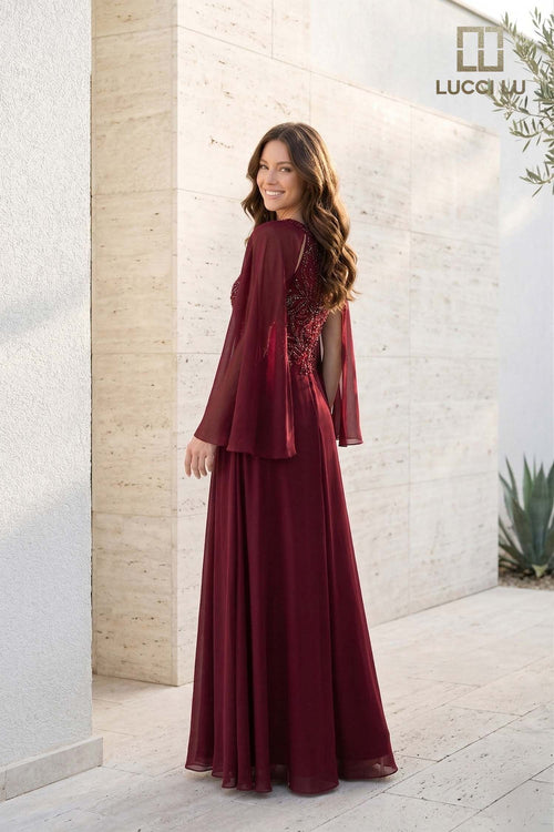 Clearance Navy Size 10W Beaded Chiffon A-Line Evening Gown with Cape Sleeves by Lucci Lu 6047W