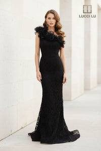 One-Shoulder Lace Mermaid Evening Gown with Ruffle Detail & Train Formal Dress by Lucci Lu 6062
