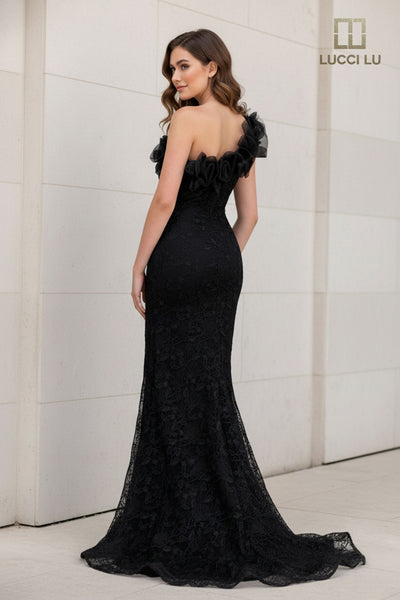 One-Shoulder Lace Mermaid Evening Gown with Ruffle Detail & Train Formal Dress by Lucci Lu 6062
