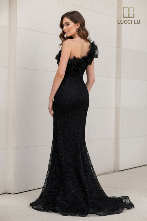 One-Shoulder Lace Mermaid Evening Gown with Ruffle Detail & Train Formal Dress by Lucci Lu 6062