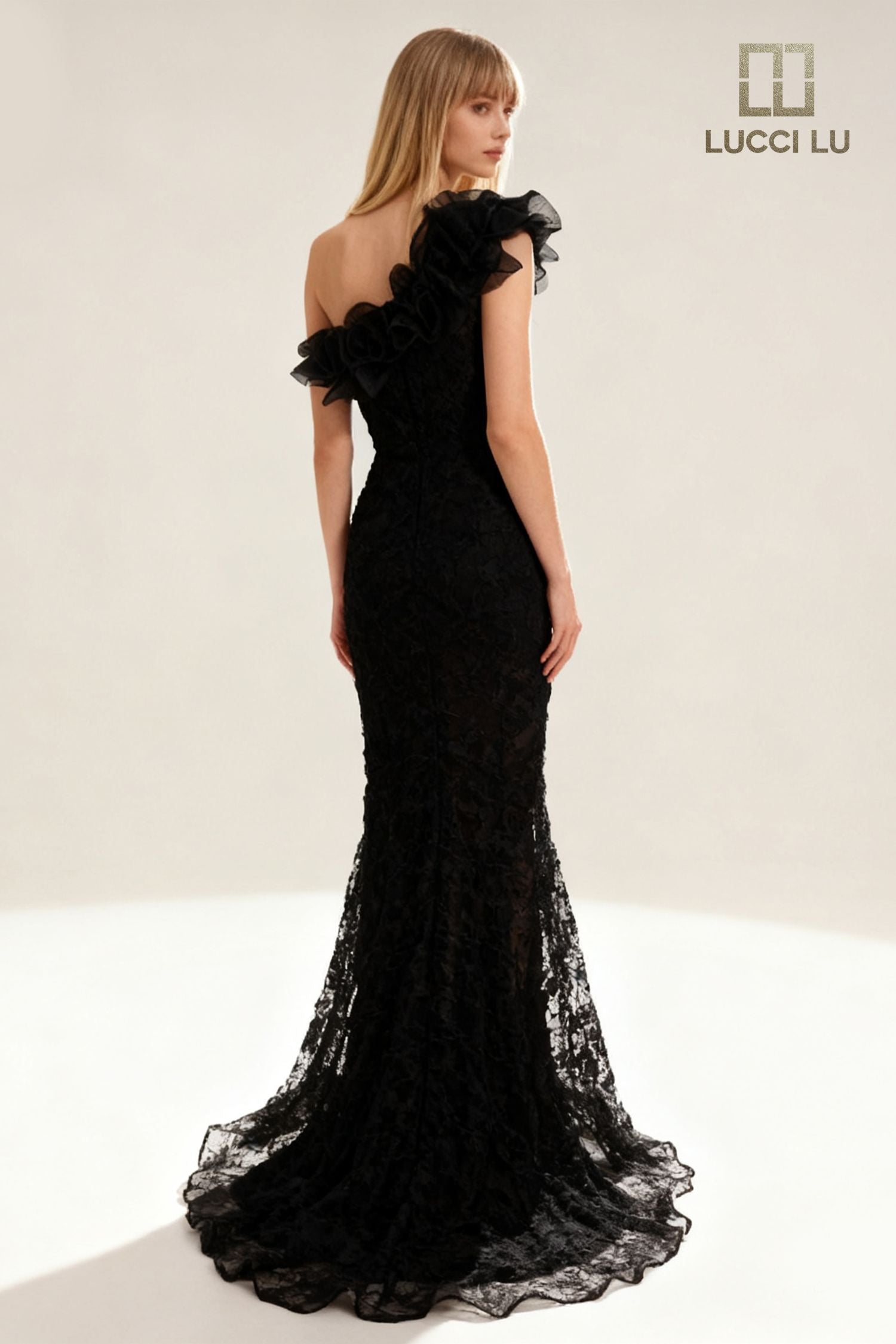 One-Shoulder Lace Mermaid Evening Gown with Ruffle Detail & Train Formal Dress by Lucci Lu 6062