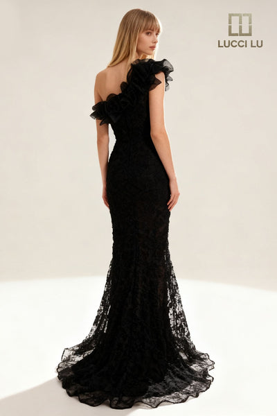 One-Shoulder Lace Mermaid Evening Gown with Ruffle Detail & Train Formal Dress by Lucci Lu 6062