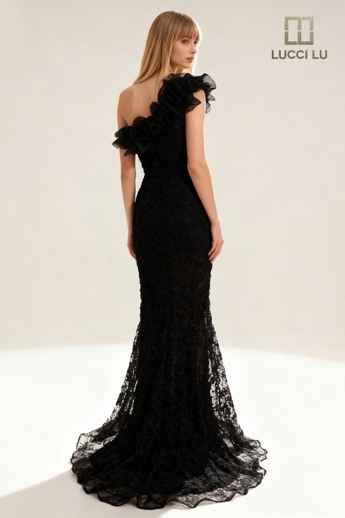 One-Shoulder Lace Mermaid Evening Gown with Ruffle Detail & Train Formal Dress by Lucci Lu 6062
