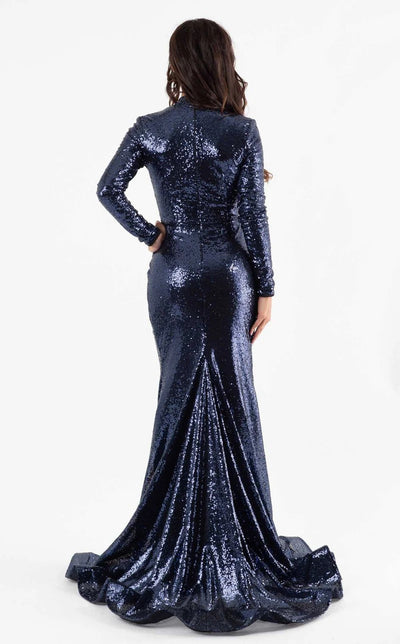 Jessica Angel JA620 High Neck Long Sleeve Fitted Train Slit Sequin Dress