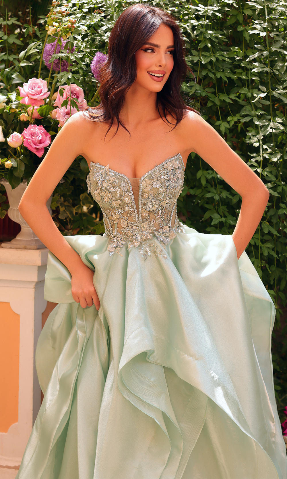 Clarisse 62131 Strapless Beaded Lace Floor-Length Satin Dress
